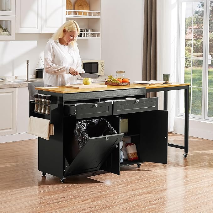 ONBRILL Kitchen Islands with Extendable Dining Table, 81.7" Mobile Kitchen Storage Islands, Rolling Kitchen Cart with Trash Cabinet, Power Outlet, Spice Rack & Towel Rack, Black