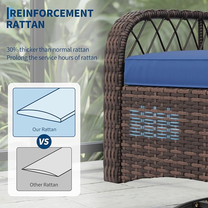 Garvee 3 Pieces Patio Furniture Set, Outdoor Swivel Glider Rocker Set w/Washable Cushion and Tempered Glass Tabletop, Conversation Furniture for Deck Porch Balcony Backyard Garden,Brown & Blue