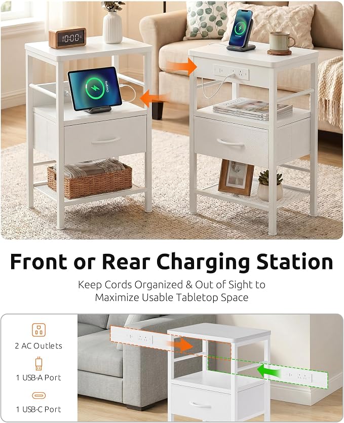 Lazzanto Nightstands Set of 2 with Charger Station, White Night Stand | Open Shelf | Hooks | USB-C USB-A Ports AC Outlets | Fabric Drawer | Bedroom | Living Room | Dorm