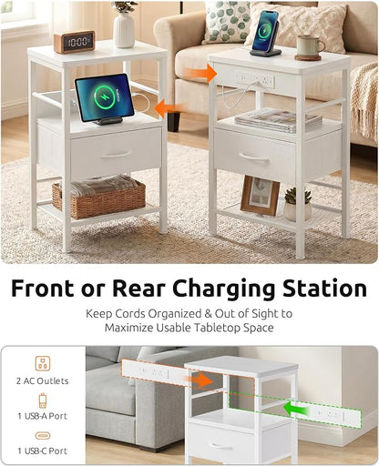 Lazzanto Nightstands Set of 2 with Charger Station, White Night Stand | Open Shelf | Hooks | USB-C USB-A Ports AC Outlets | Fabric Drawer | Bedroom | Living Room | Dorm