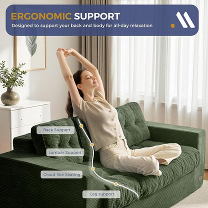 MAXYOYO Oversized Loveseat Sofa Couch, Upholstered Bean Bag Chair Cloud 3-Seat for Adults, Boneless Couch with Tufted Cushion & Pillows, Sofa in A Box, No Assembly Required, Dark Green