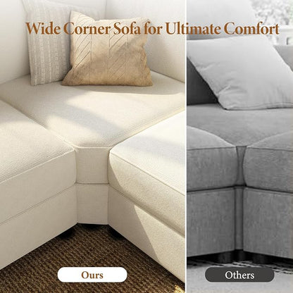 Vesgantti Oversized Modular Sectional Sofa, 8-Seater Chenille L Shaped Modular Couch with Ottoman, 2 Cup Holders, USB Port, Storage Box, Sectional Couches for Living Room, Meeting Room, Beige