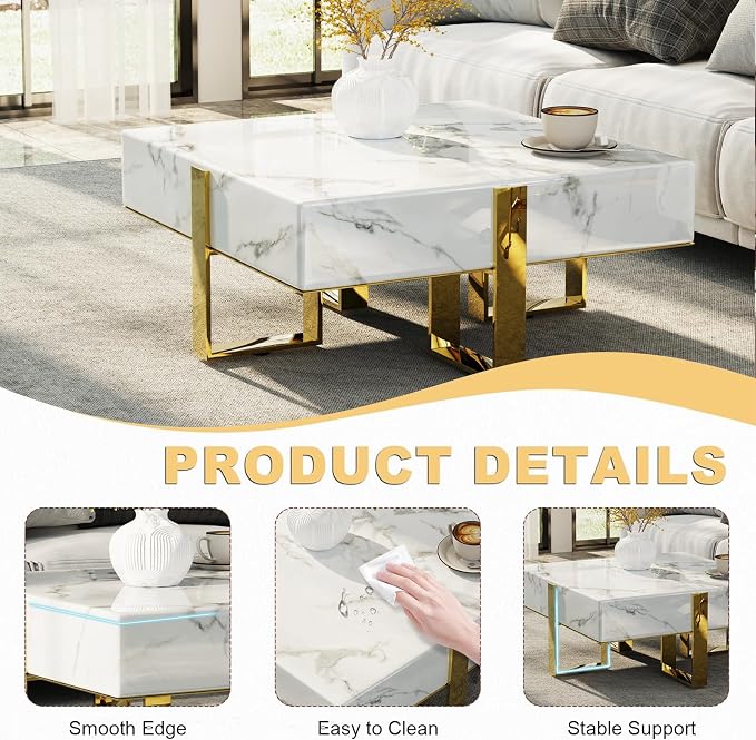 White and Gold Coffee Table, Modern Luxury Square Coffee Table with Faux Marble Tabletop and Polished Stainless Steel Legs for Living Room Apartment Office