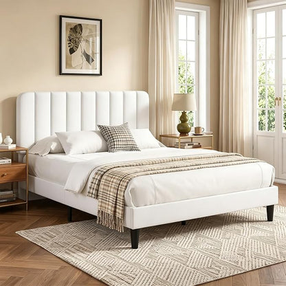 VECELO Queen Size Bed Frame with Upholstered Headboard, Velvet Platform Bedframe Mattress Foundation, Strong Wood Slat Support, No Box Spring Needed,White
