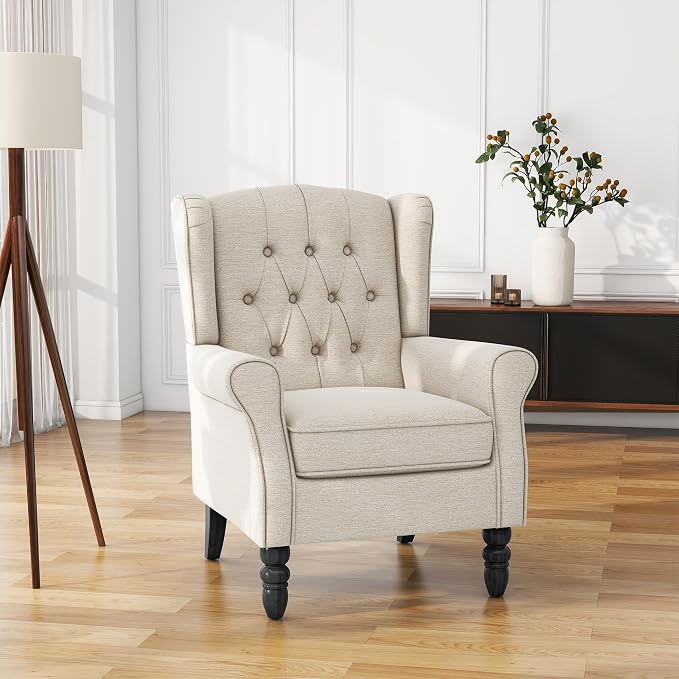 High Back Accent Chair, Fabric Upholstered Armchair Wingback Chair for Living Room, Comfy Bedroom Reading Seat with Solid Wood Legs, Beige