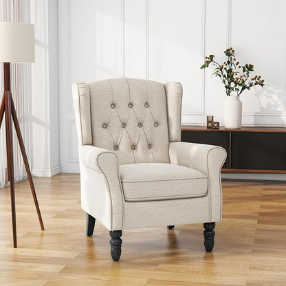 High Back Accent Chair, Fabric Upholstered Armchair Wingback Chair for Living Room, Comfy Bedroom Reading Seat with Solid Wood Legs, Beige