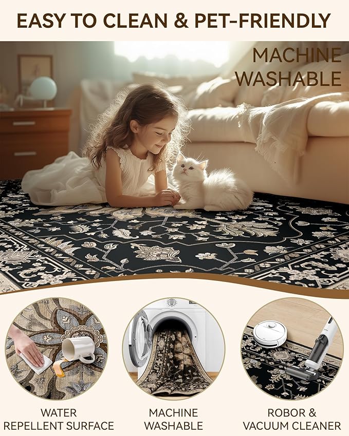 RELEANY Area Rugs Runner 2'x8' Washable Non-Slip, Floral Vintage Distress Medallion Carpet for Kitchen Hallway Bedroom Beside Laundry Room Bathroom, Black Brown Neutral Dark Tan