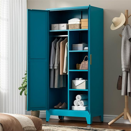 LCAOPC 71" Tall Metal Wardrobe Closet with Adjustable Shelves and Hanging Rod, 2 Doors Office Storage Locker Cabinet for Home, Office, Bedroom, Laundry Room, Blue