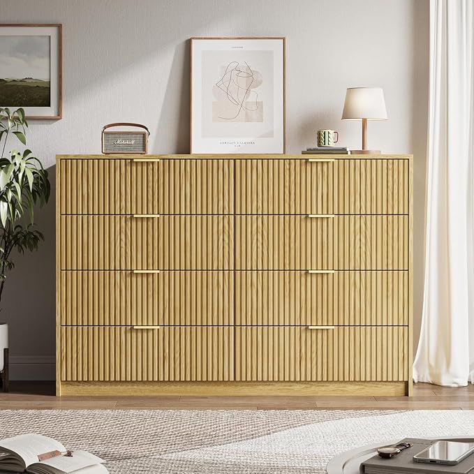 MAISONARIA 3-Piece Dresser Bedroom Set, 8 Drawer Dresser & 3 Drawer Nightstands with Gold Handles, Fluted Wood Chest of Drawers for Bedroom, Living Room, Entryway, Natural
