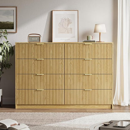 MAISONARIA 3-Piece Dresser Bedroom Set, 8 Drawer Dresser & 3 Drawer Nightstands with Gold Handles, Fluted Wood Chest of Drawers for Bedroom, Living Room, Entryway, Natural