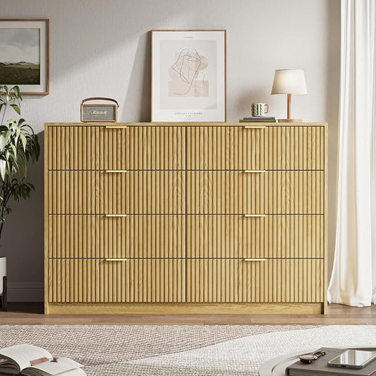 MAISONARIA 3-Piece Dresser Bedroom Set, 8 Drawer Dresser & 3 Drawer Nightstands with Gold Handles, Fluted Wood Chest of Drawers for Bedroom, Living Room, Entryway, Natural