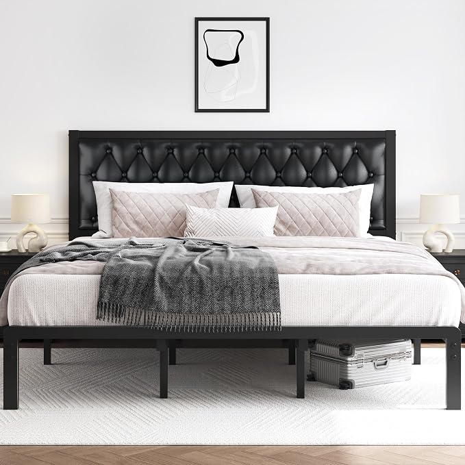 HISOFT King Bed Frame with Upholstered Button Tufted Headboard, Bed Frame Platform Metal Slats Support, Under Bed Storage, No Box Spring Needed, Noise-Free, Easy Assembly, Black