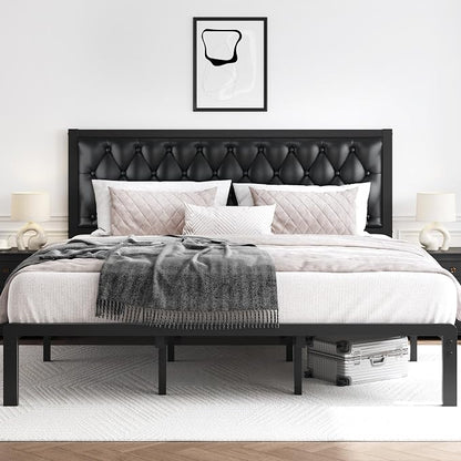 HISOFT King Bed Frame with Upholstered Button Tufted Headboard, Bed Frame Platform Metal Slats Support, Under Bed Storage, No Box Spring Needed, Noise-Free, Easy Assembly, Black