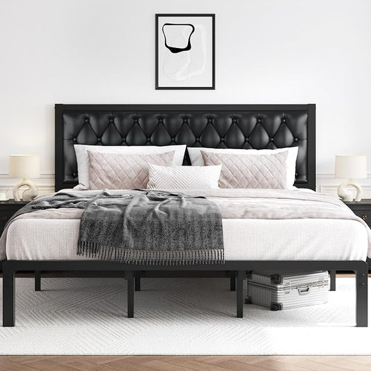 HISOFT King Bed Frame with Upholstered Button Tufted Headboard, Bed Frame Platform Metal Slats Support, Under Bed Storage, No Box Spring Needed, Noise-Free, Easy Assembly, Black