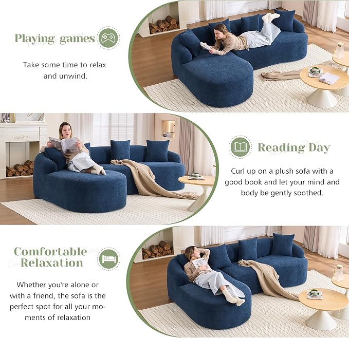 99" Curved Sofa with L-Shape Chaise,Modern Cloud Curved Couch with Deep Seat,No Assembly Required,Upholstered Oversized Couches for Living Room,Apartment (Blue, 99Inch)
