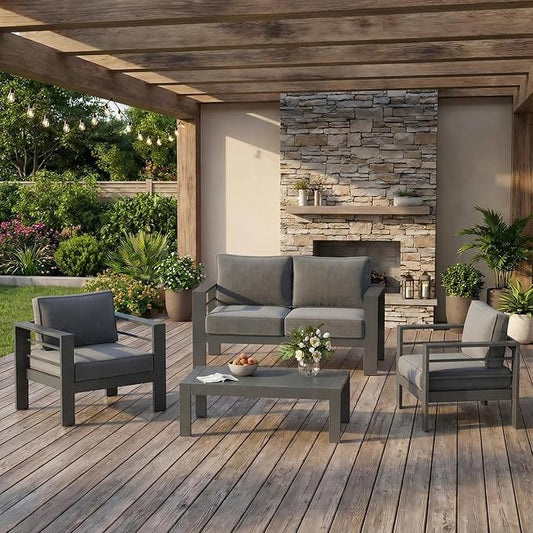 Solaste Aluminum Outdoor Patio Furniture Set, 4 Seats Patio Sectional Sofa with 5" Thick Cushion, Outdoor Patio Set with Coffee Table for Porch, Backyard, Deck, Yard, Grey