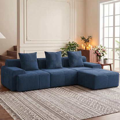 118" Sectional Boneless Oversize Modular Couches, Curved Cloud Sectional Sofa for Living Room, Corduroy L Shape Deep Seat Sofa with Ottoman & 3 Throw Pillows, No Assembly Required,Navy Blue