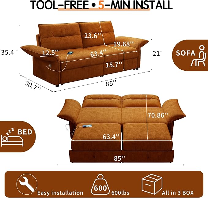 85'' Sofa Bed Full, Assembly, 3 in 1 Sleeper Sofa Beds, Flannel Pull Out Couch for Living Room, Charging & Adjustable Armrest, Comfy Loveseat for Small Space, Flannel Orange