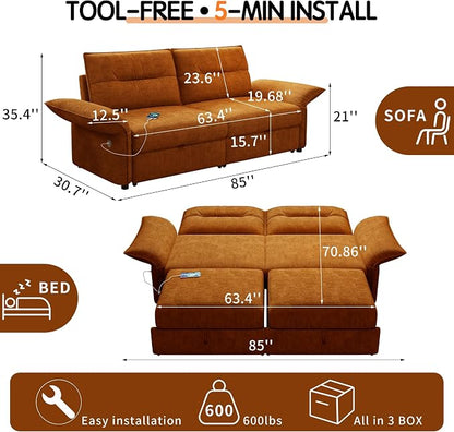 85'' Sofa Bed Full, Assembly, 3 in 1 Sleeper Sofa Beds, Flannel Pull Out Couch for Living Room, Charging & Adjustable Armrest, Comfy Loveseat for Small Space, Flannel Orange