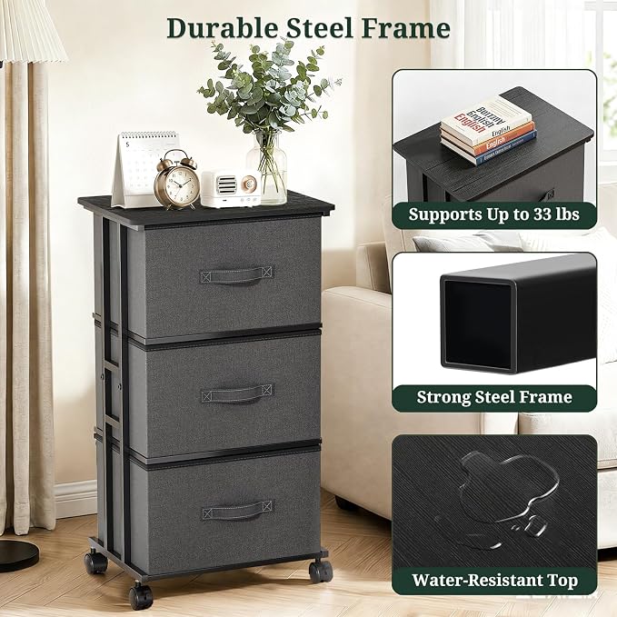 3 Drawers Dresser with Wheels, Storage Organizer with Removable Fabric Bins and Steel Frame, Small Nightstand Dresser for Bedroom, Office, Entryway, Ash Gray