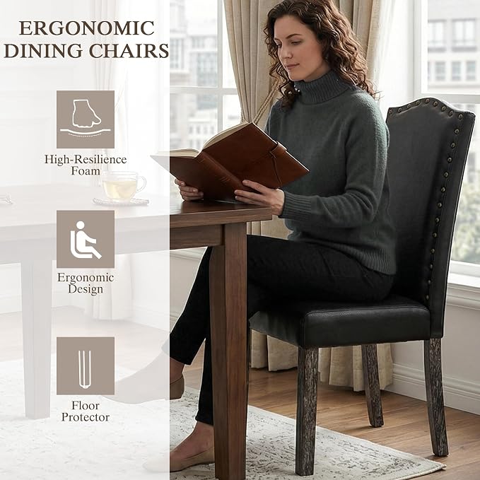LSSBOUGHT PU Dining Chair Set of 4 Upholstered Parsons Kitchen Chair with Copper Nails and Solid Wood Legs for Dining Room,Restaurant(Black)
