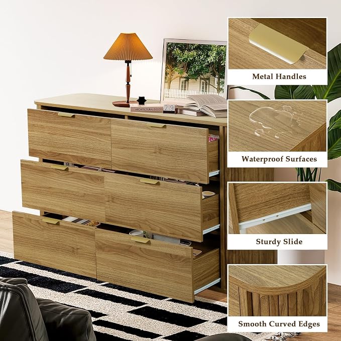 SoarFlash 3‑Piece Fluted Bedroom Furniture Set, 6‑Drawer Cabinet & 2‑Drawer Nightstands, French Modern Vintage Wood Storage Unit for Bedroom Entryway Hallway, Brown