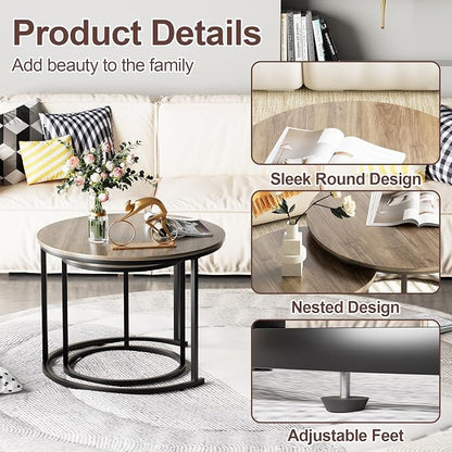 Garden 4 you Nesting Coffee Table, 23.6" Round Coffee Table Set of 2, Wooden Nesting Table Set with Metal Frame, Side Tables for Living Room Bedroom Balcony, Brown
