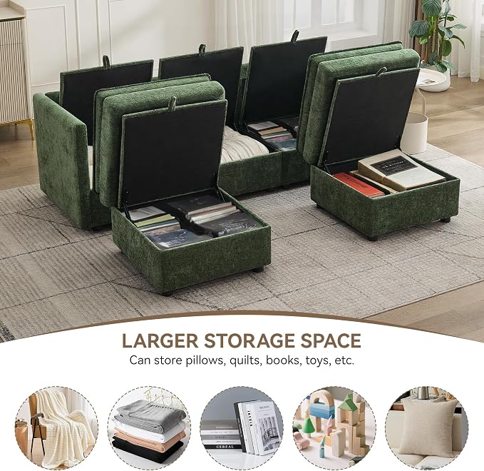 80" Cloud 3 Seater Sectional Modular Couch with 2 Storage Ottoman, Upholstered Storage Sofa Deep Seat, Chenille U Shape Sofa Comfy Couches with Armrests for Small Space, Living Room, Green