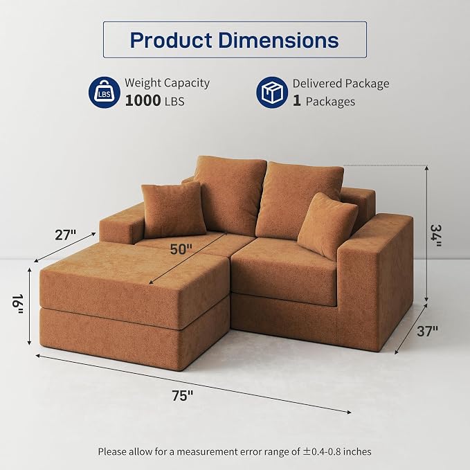 Cloud Modular Sectional Sofa, Comfy Boneless Couch for Living Room, Modern L-Shaped Couch with Reversible Chaise, Customizable Sleeper Sofa with Non Slip, No Assembly & Deep Seat, Orange