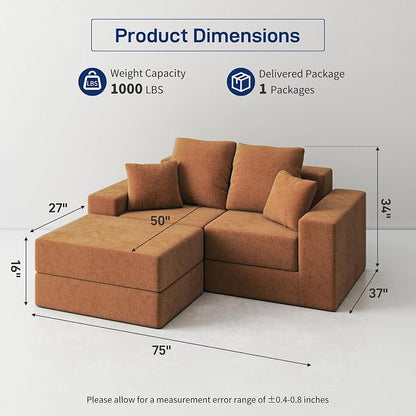 Cloud Modular Sectional Sofa, Comfy Boneless Couch for Living Room, Modern L-Shaped Couch with Reversible Chaise, Customizable Sleeper Sofa with Non Slip, No Assembly & Deep Seat, Orange