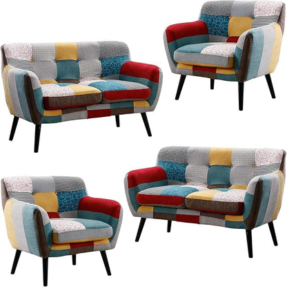 Bonzy Home Modern Colorful 3 Piece Coroful Fabric Sofa Set, Included 2 Accent Chairs and Boho Loveseat, Linen Patchwork Plaid Couches with Rubberwood Legs and Removable Upholstered for Living Room