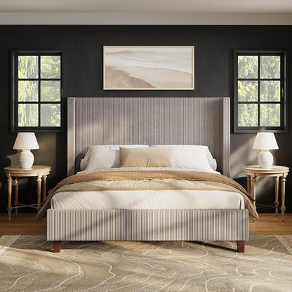 HOWE Queen Size Bed Frame with 50.8 Inch Corduroy Wingback Headboard, Taupe | Modern Upholstered Platform Bed, Solid Wood Slats, No Box Spring Needed, Noise-Reducing Design