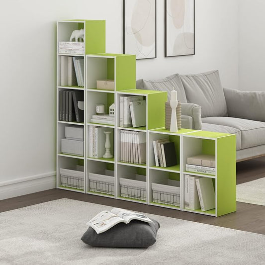 Furinno PASIR Book Shelf, 4-Tier Modern Bookshelf, Open Shelves Bookcase 9 x 12 x 42, Easy Assembly, for Living Room, Bedroom, Home Office, Green/White