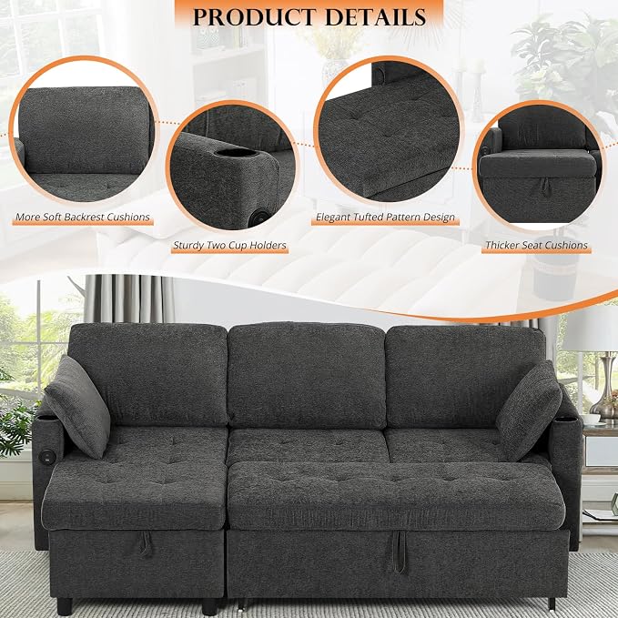 84" Fabric Sleeper Sofa Bed w/Adjustable Backrests, L-Shaped Sectional Sofa Bed w/USB Port & Thickened Cushions, Convertible Pull Out Couch Bed w/Storage Bags for Living Room, Grey