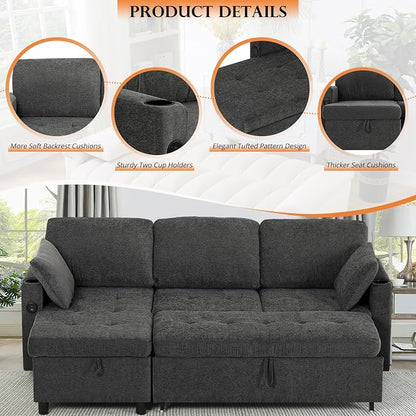 84" Fabric Sleeper Sofa Bed w/Adjustable Backrests, L-Shaped Sectional Sofa Bed w/USB Port & Thickened Cushions, Convertible Pull Out Couch Bed w/Storage Bags for Living Room, Grey