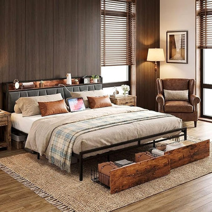 LIKIMIO King Size Bed Frame with 2 Drawers and Charging Station | Platform Bed with Upholstered Storage Headboard, No Box Spring Needed, Easy Assembly, Sturdy, Industrial Brown and Gray