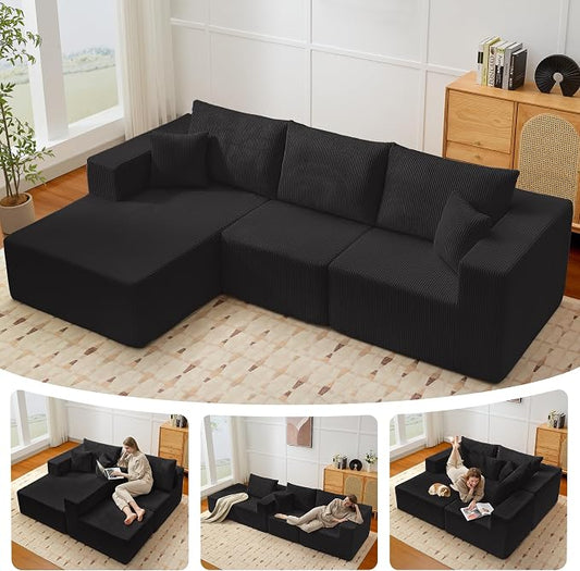 Modular Sectional Sofa for Living Room, 108" Cloud Couch Sectional with L-Shape Chaise, Modern Upholstered Corduroy Boneless Couch with Memory Foam Deep Seat, No Assembly Required (Black)