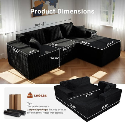 Claiks 104" Boneless Couch, Cloud Couch Sectional, L-Shape Corduroy Modular Sectional Sofa Deep Seat, Upholstered Couches for Living Room, No Assembly Required, Black, Right Facing Chaise