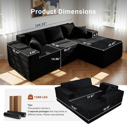Claiks 104" Boneless Couch, Cloud Couch Sectional, L-Shape Corduroy Modular Sectional Sofa Deep Seat, Upholstered Couches for Living Room, No Assembly Required, Black, Right Facing Chaise