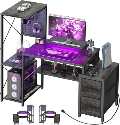 Small Gaming Desk with 2 Fabric Drawers - Reversible Computer Desk with Power Outlet & LED Lights, 49" Office Desk with Monitor Stand & Storage Shelves, Writing Study Table with Pegboard, Grey Oak