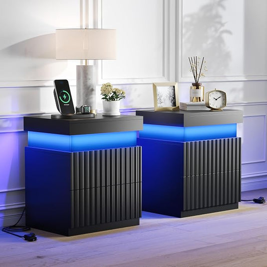 Nightstand Set of 2 Black Nightstand with Charging Station LED Night Stands with Drawers Modern Bedside Table with Sliding Top Night Table Fluted End Tables for Bedroom, Apartment, Dorm