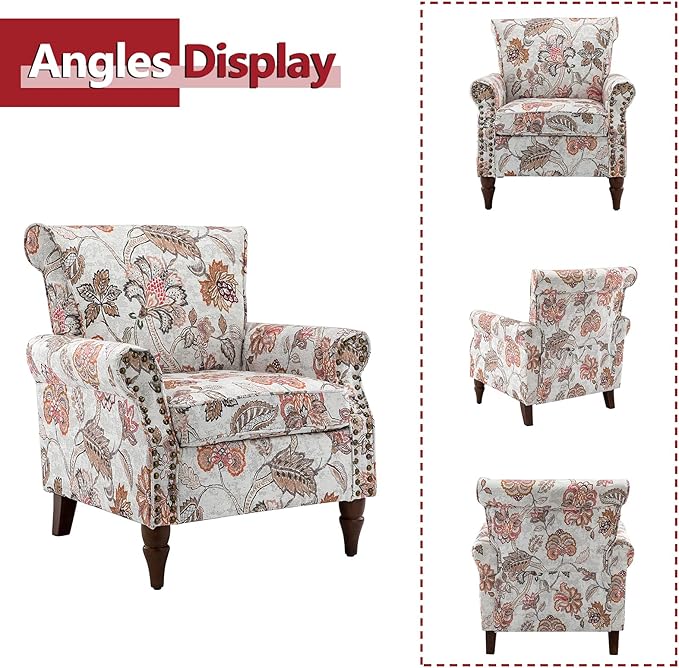 HULALA HOME Modern Wingback Accent Chair with Wood Legs & Removable Cushion, Comfy Upholstered Armchair with Nailhead Trim, Floral Pattern Single Sofa Chair for Living Room Bedroom, Pink