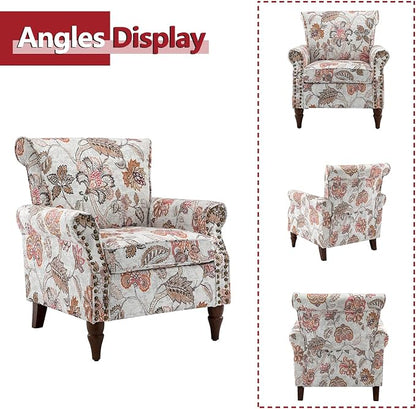 HULALA HOME Modern Wingback Accent Chairs Set of 2 with Wood Legs & Removable Cushion, Comfy Upholstered Armchairs with Nailhead Trim, Floral Pattern Single Sofa Chairs for Living Room Bedroom, Pink