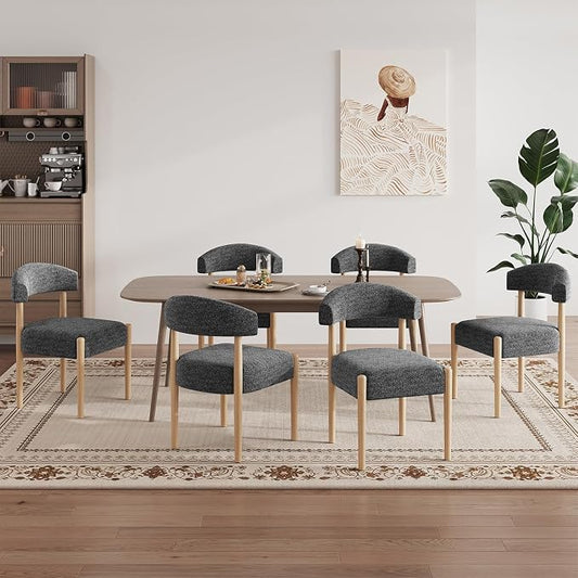 VKNOW Wooden Dining Chairs Set of 6 with Curved Open Back, Orange | Natural Rubberwood Legs, Soft Chenille Fabric, Thickened Cushion, For Adults and Family, Dining Room, Kitchen, No Wobble