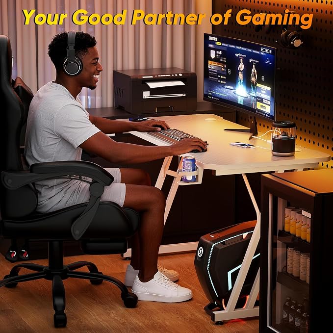 Czlolo 47 Inch Gaming Desk with Power Outlets, L-Shape Leg Computer Desk, Gamer Desk for Small Space, Wtih Cup Holder, Headphone Stand, USB＆ Tpye-C Ports, Carbon Fiber Surface, White