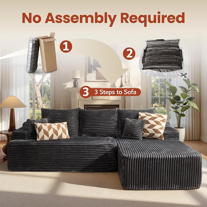 ovios 96" Cloud Sectional Couch with L-Shape Chaise,Modern Modular Sofa with Deep Seat, Upholstered Couches for Living Room Bedroom,No Assembly Required, Grey (Plush Corduroy Fabric)