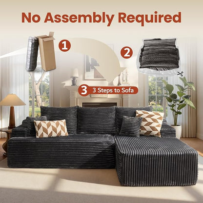 ovios 96" Cloud Sectional Couch with L-Shape Chaise,Modern Modular Sofa with Deep Seat, Upholstered Couches for Living Room Bedroom,No Assembly Required, Grey (Plush Corduroy Fabric)