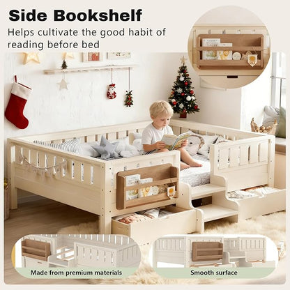 Full Platform Bed with Storage Drawers and Bookshelves, Kids Platform Bed Frame with Low-profile Stairs and Full-length Guardrails, Full Bed Frame for Kids, Boys, Girls, No Box Spring Needed, Beige
