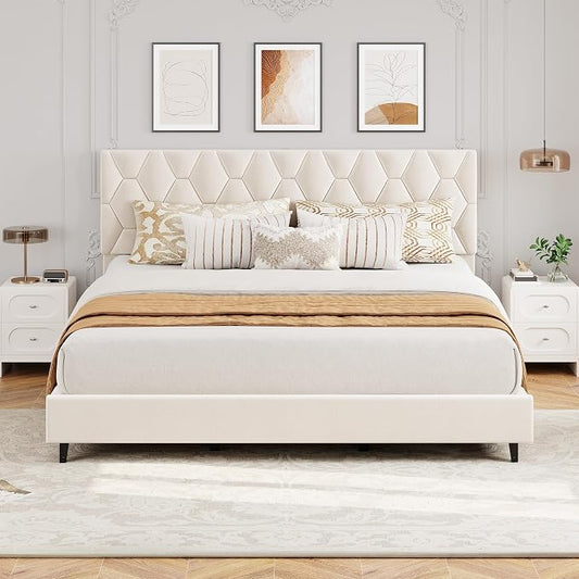 GarveeHome Cal King Bed Frame with Adjustable Headboard, Modern Linen Upholstered Platform Bed Frame with Wood Slats Support, No Box Spring Needed, Easy Assembly for Bedroom Apartment, Beige