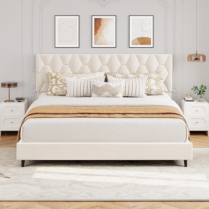 GAOMON Beige King Bed Frame with Upholstered Headboard, Heavy-Duty Platform Bed Frame with Strong Wood Slats, No Box Spring Needed/Noise Free/Easy Assembly
